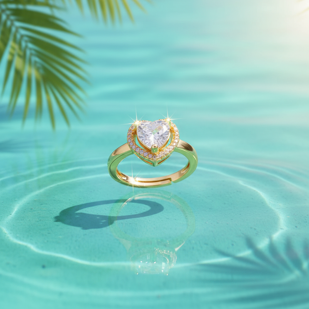 Bague en or sur fond d'eau paradisiaque