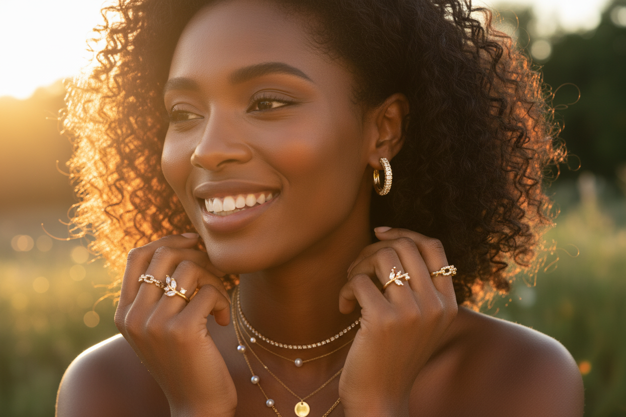 Femme au soleil avec bijoux dorés