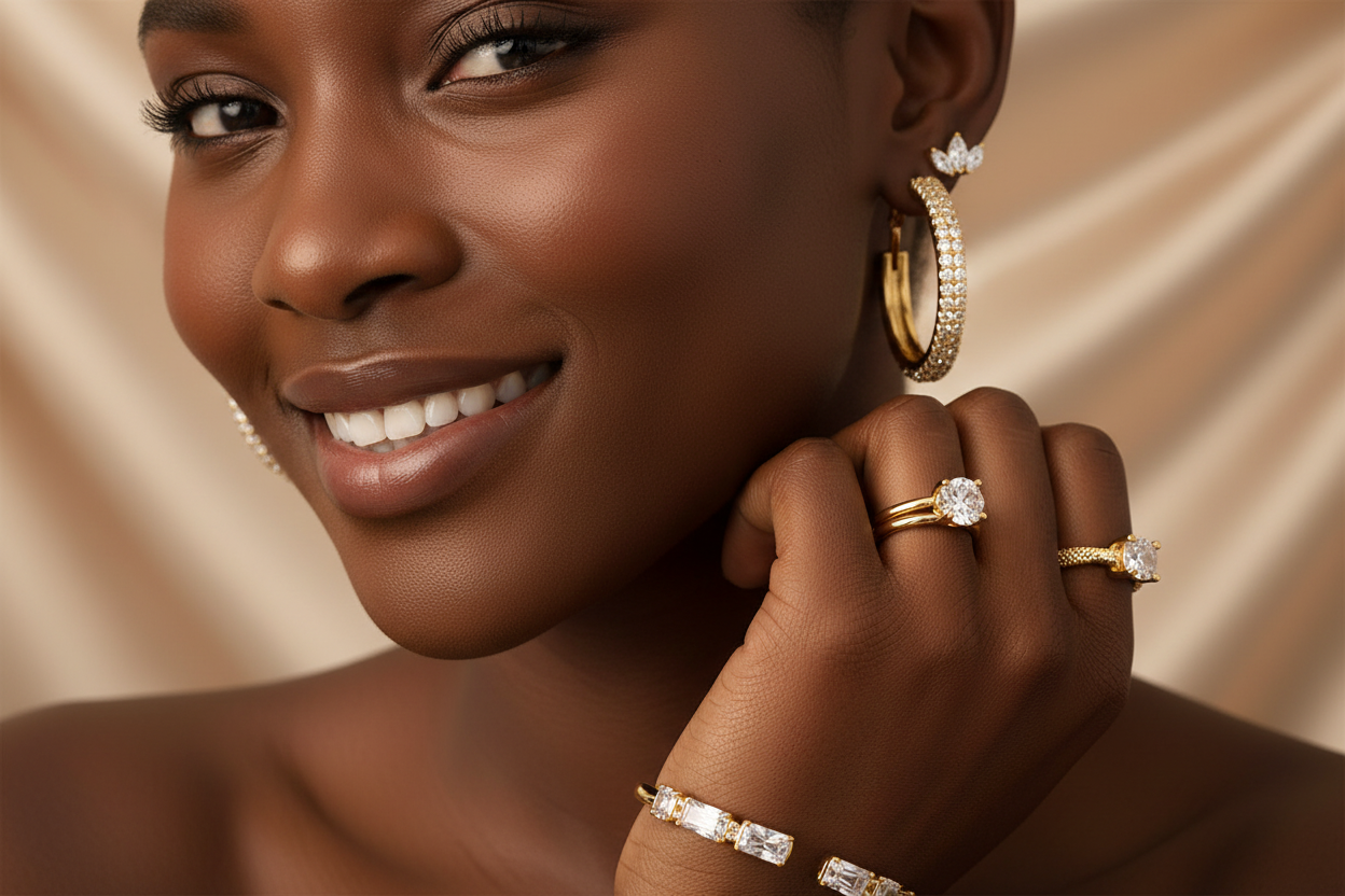Femme souriante avec bijoux dorés